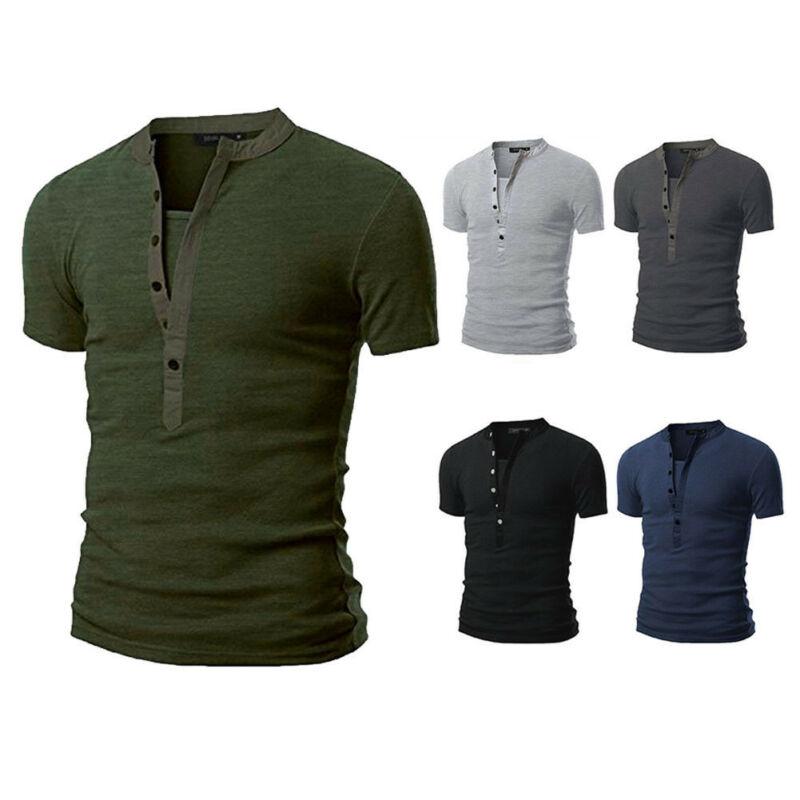 Solid Slim Fit V Neck T Short Sleeve Muscle Tee Summer Male Fashion Casual Tops Henley Shirts