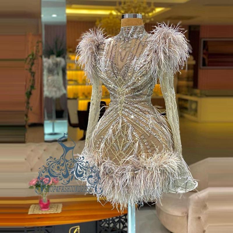 High Quality Luxury Beading Feather Short Cocktail Dresses High Neck See Thru Crystals Homecoming Dress With Long Flare Sleeves, Beige 
High Quality Luxury Beading Feather Short Cocktail Dresses High Neck See Thru Crystals Homecoming Dress With Long Flare Sleeves, Beige