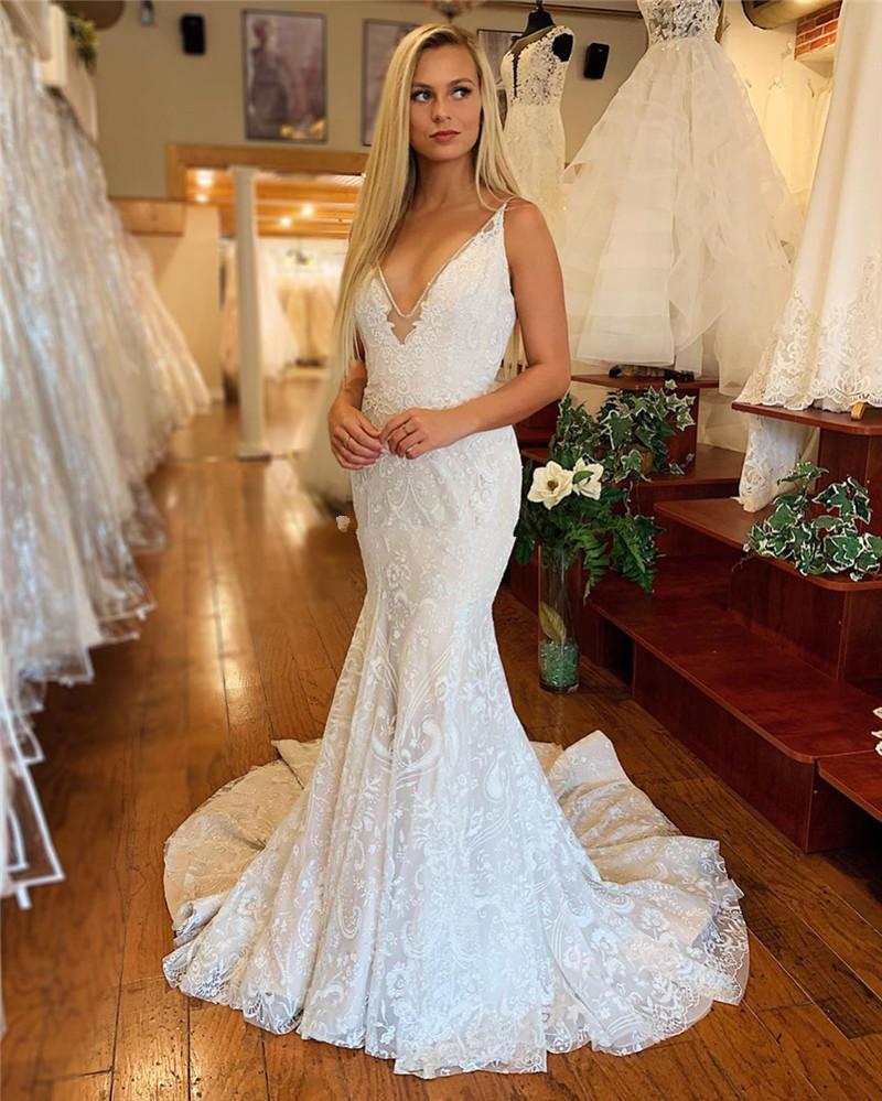Mermaid Elegant Backless Dresses Spaghetti Straps Lace Applique Sweep Train Custom Made Wedding Bridal Gown Vestido De Novia