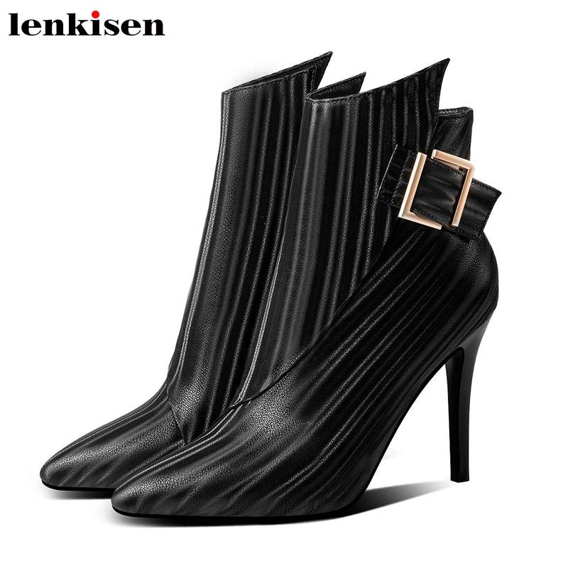Lenkisen hot stripe print genuine leather super high heels modern metal buckle pointed toe winter women stiletto ankle boots L86, Black
Lenkisen hot stripe print genuine leather super high heels modern metal buckle pointed toe winter women stiletto ankle boots L86, Black