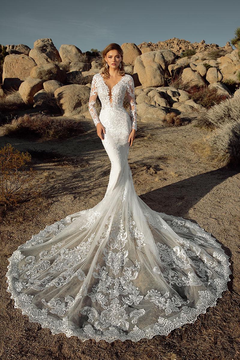 New Sexy Arrival Mermaid Dresses V Neck Long Sleeves Lace Appliques Bridal Gowns Backless Sweep Train Wedding Dress Vestidos estidos