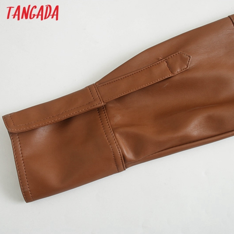 Tangada Women brown faux leather jacket coat with slash Ladies Long Sleeve loose oversize boy friend Coat 3H120 201029