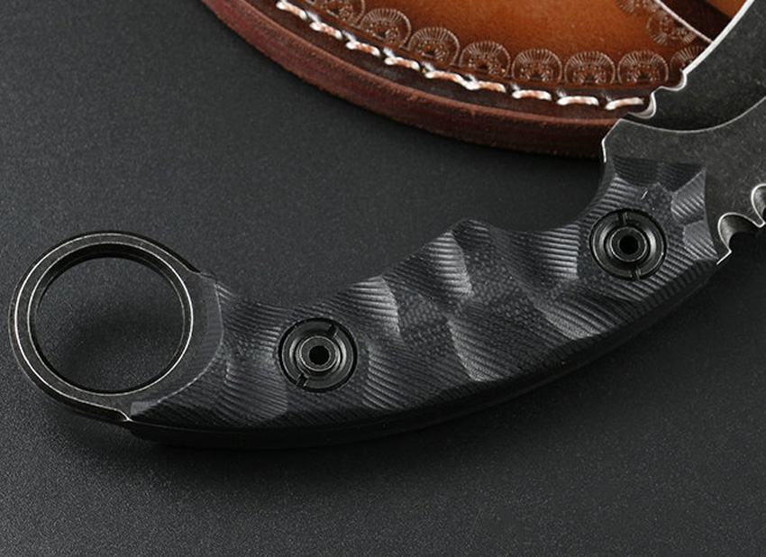 High Quality Karambit Knife D2 Satin / Stone Wash Blade Black Full Tang G10 Handle Claw Knives With Leather Sheath