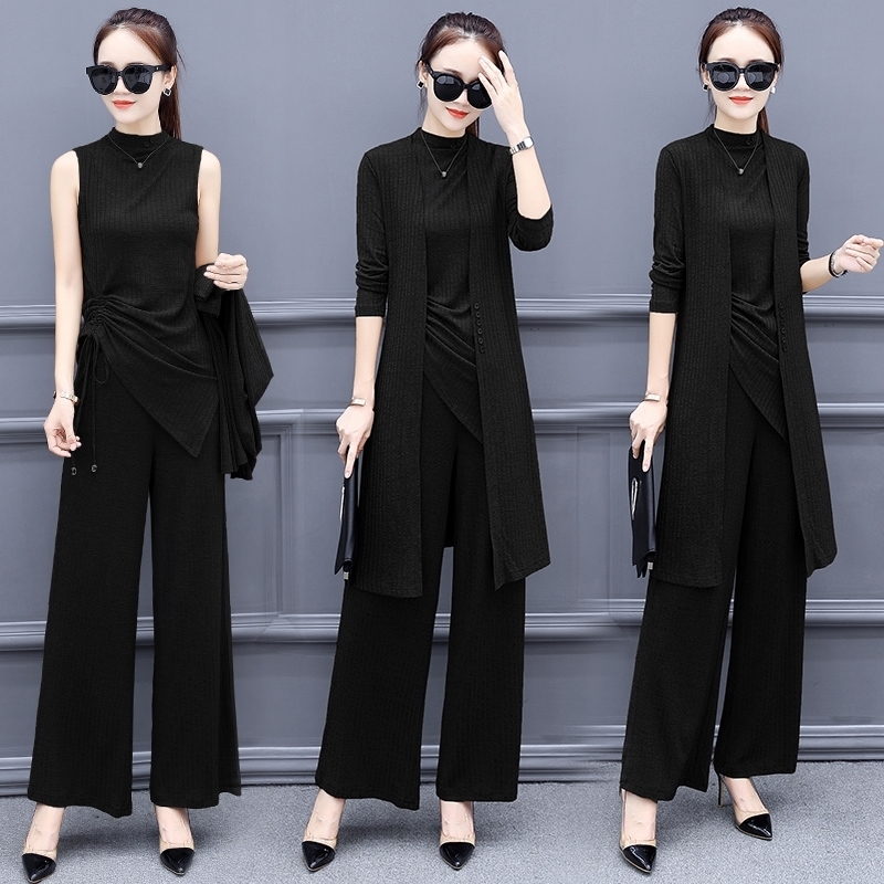 Women Tracksuit Long Sleeve Cardigan and Sleeveless Pullover Tops and Wide Leg Pants Suit Women's Sets Knitted 3 Pieces Set 984A 201120