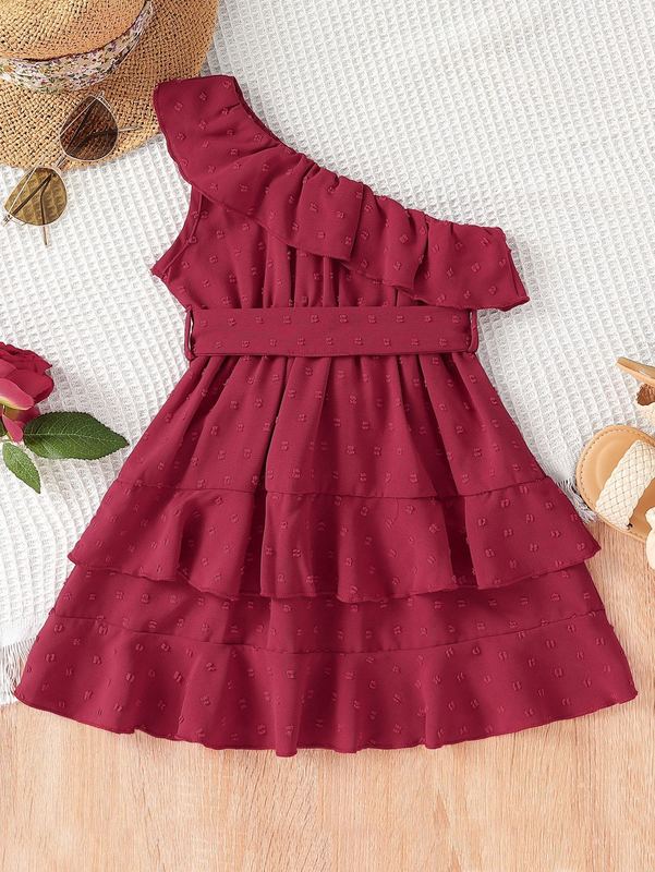 Toddler Girls Swiss Dot One Shoulder Ruffle Trim Belted Dress SHE
