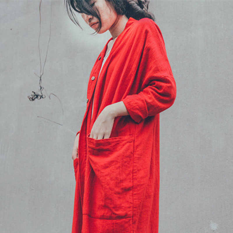 Johnature Women Maxi Coat Trench Vintage Autumn Pockets Long Sleeve 5 Colour Large Size Women Clothes Long Trench Linen 201030