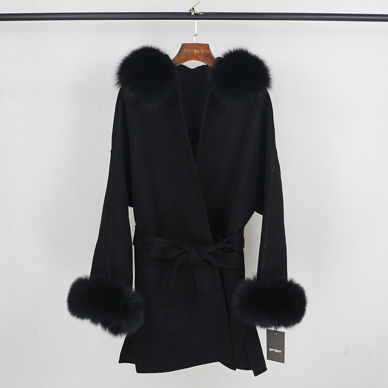 OFTBUY Real Fur Coat Winter Jacket Women Natural Fox Fur Collar Cuffs Hood Cashmere Wool Woolen Oversize Ladies Outerwear 201222