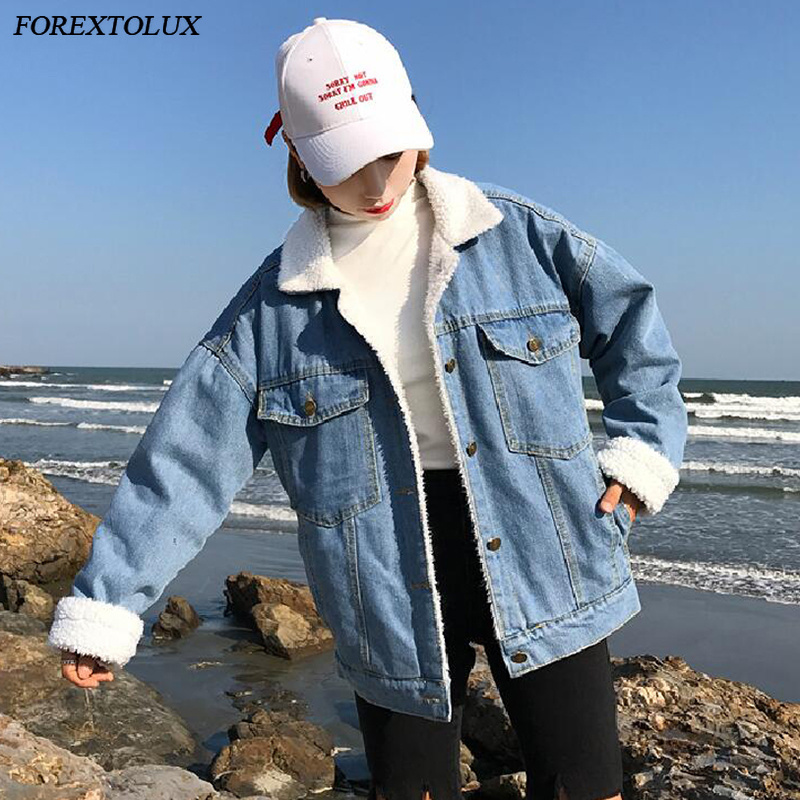 Berber Fleece Lining Denim Jackets Women Loose Thick Artificial Sherpa Warm Winter Buttons Overcoats Lapel Pockets Oversize Tops 201029