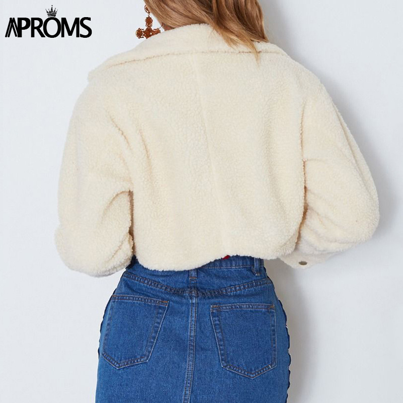 Aproms Elegant Solid Color Cropped Teddy Jacket Women Front Pockets Thick Warm Coat Autumn Winter Soft Short Jackets Female 201126
