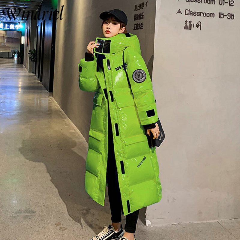 Long Winter Jacket Thick Warm Winter Parkas Hooded Waterproof Winter Coat Women Fashion Letter Bright Wadded Jackets Windriel 201217