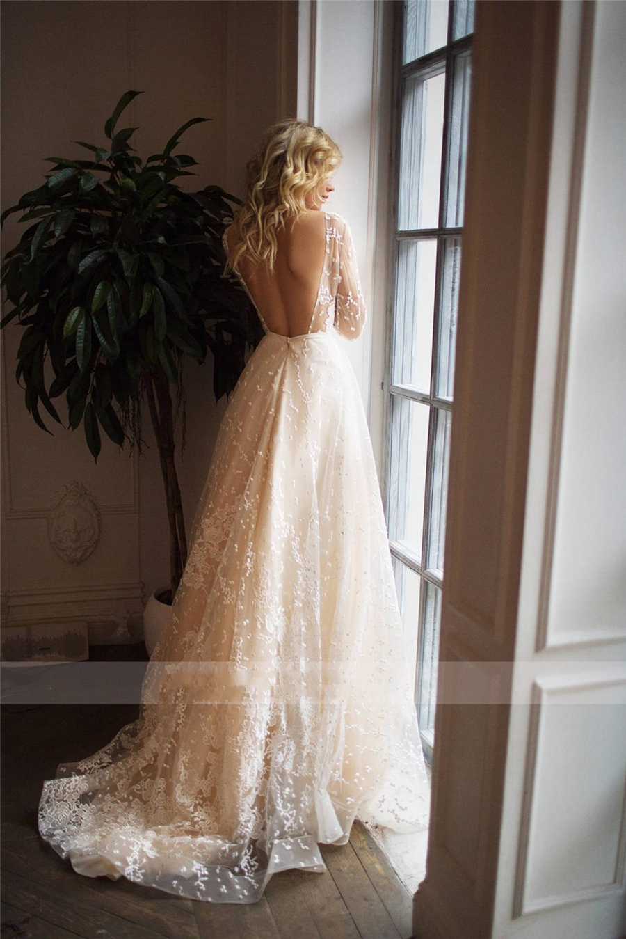 Lace Long Sleeves Dresses Jewel Neck Sexy Open Back Tulle Applique Fashion Bridal Dress vestidos noiva A e Wedding Gowns