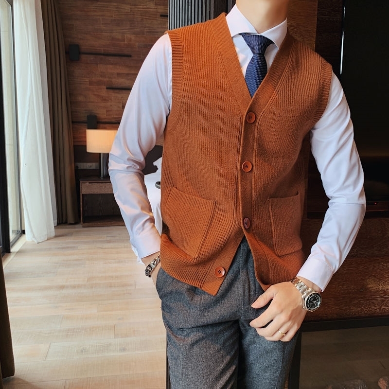 Autumn Solid Color Sweater Cardigan Vest Men Pillingresistant Sleeveless Knitted Vest Yellow Yersey Hombre Sleeveless Jacket 201125