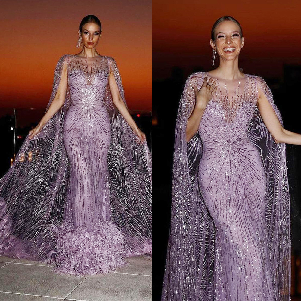 Sage Prom Dress Jewel Feather Custom made Sequined Race Floor-length Formal Party Evening Dresses