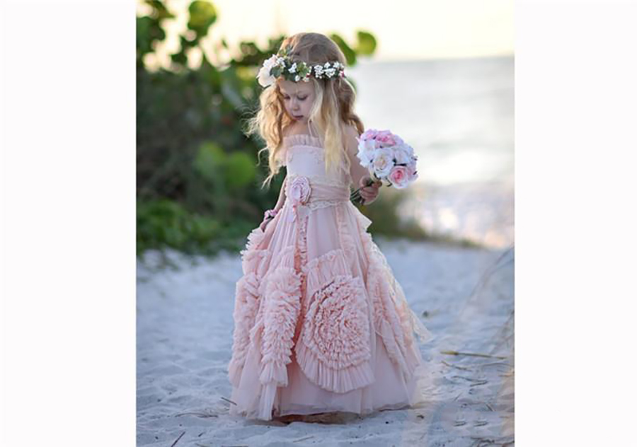 Custom Made Pink Flower Dresses For Wedding 2022 Lace Applique Ruffles Kids Formal Wear Sleeveless Long Beach Girls Pageant Gown 0431