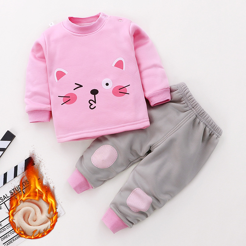 2020 Kids Thermal Underwear Suits Baby Boys Girls Cartoon Clothes Autumn Winter Plus Velvet Thickened Pajamas Children Pijamas LJ201216
