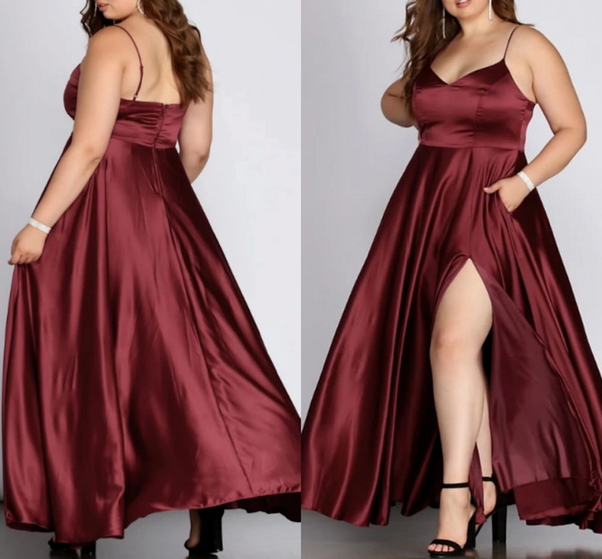 A-Line Plus Size Burgundy Engagement Evening Dress V Neck Sleeveless Split Floor Length Satin Formal Party Gown New Robes De Soirée Vestidos Feast 202