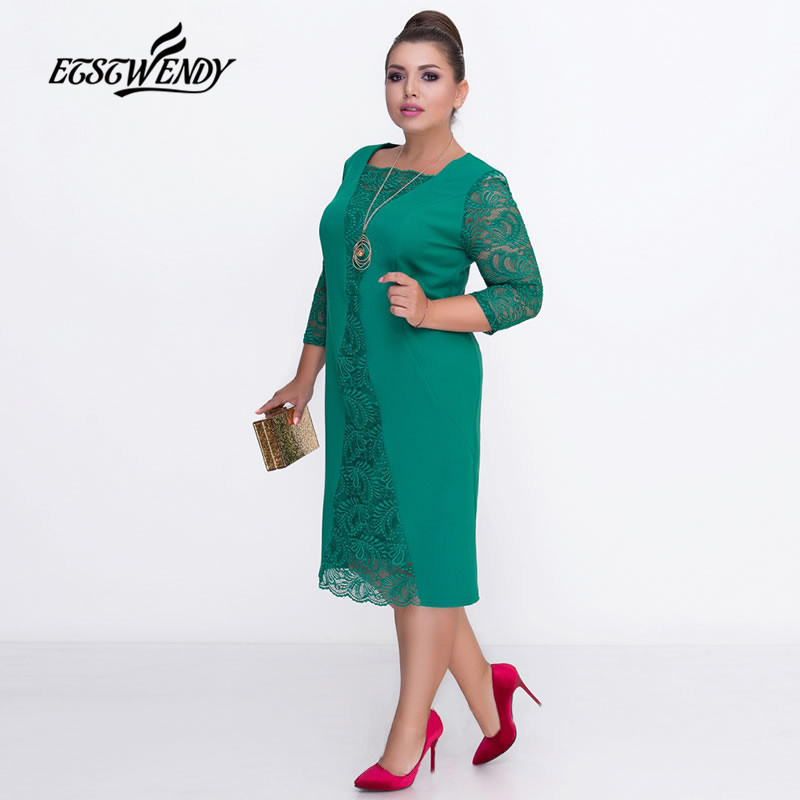 Big Size Elegant Long sleeves Patchwork Lace Dress L6XL Spring Dress Women Dresses Plus Size Women Clothing Vestidos T200319