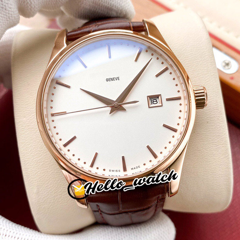 New Rose Gold Case 5227 5227R-001 A2813 Automatic Mens Watch Date White Dial Brown Leather Strap Gents Watches Hello_Watch HWPP