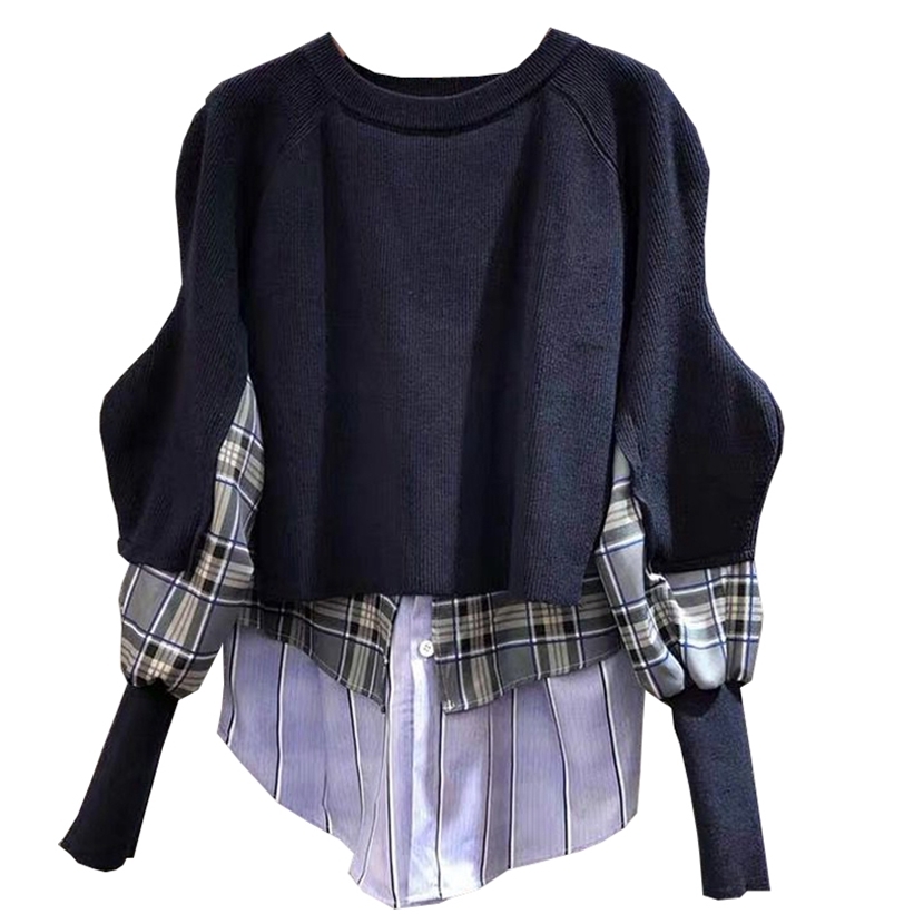 Spring New Fashion Loose Sweater Shirt Large Size Korean Version Plaid Striped Shirt Patch Knitted Sweater Pullovers Junper 201221