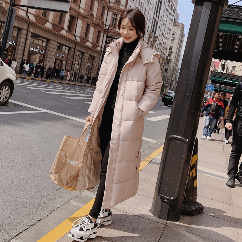 fashion x-long stand collar hooded winter down jacket women solid full sleeve button slit zipper ladies down coat parka female 201019