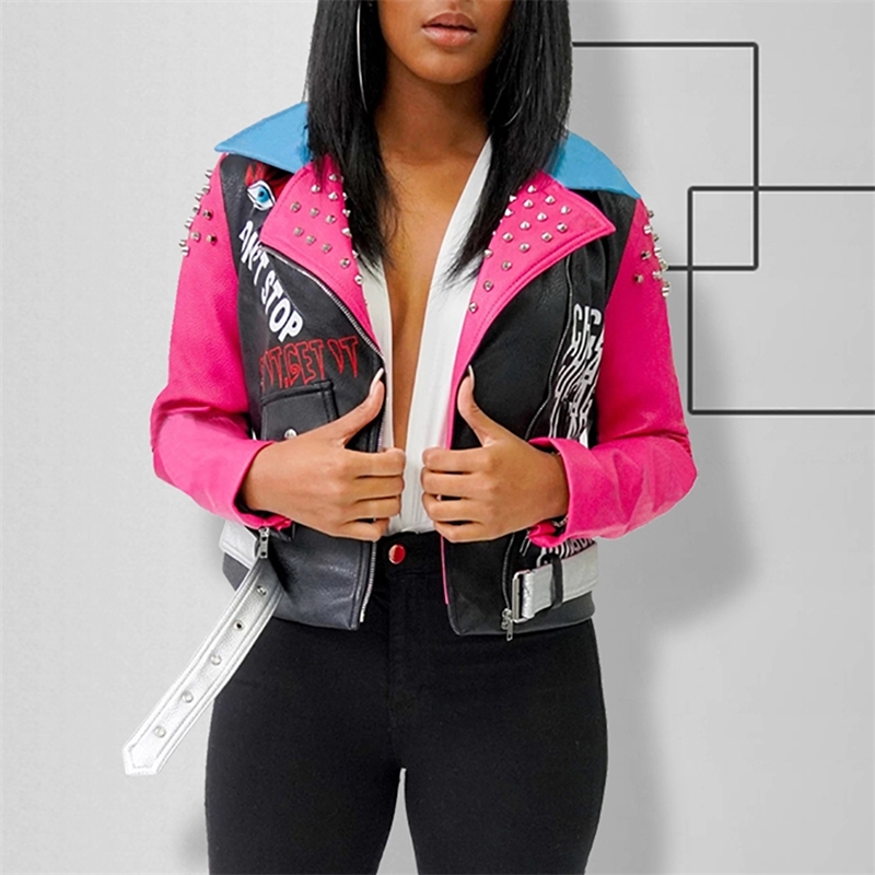 Women' Rivet Printing Lapel Contrast Color Zipper PU Leather Fashionable Coat Long-sleeve Short Jacket 201106, Fuchsia
Women' Rivet Printing Lapel Contrast Color Zipper PU Leather Fashionable Coat Long-sleeve Short Jacket 201106, Fuchsia