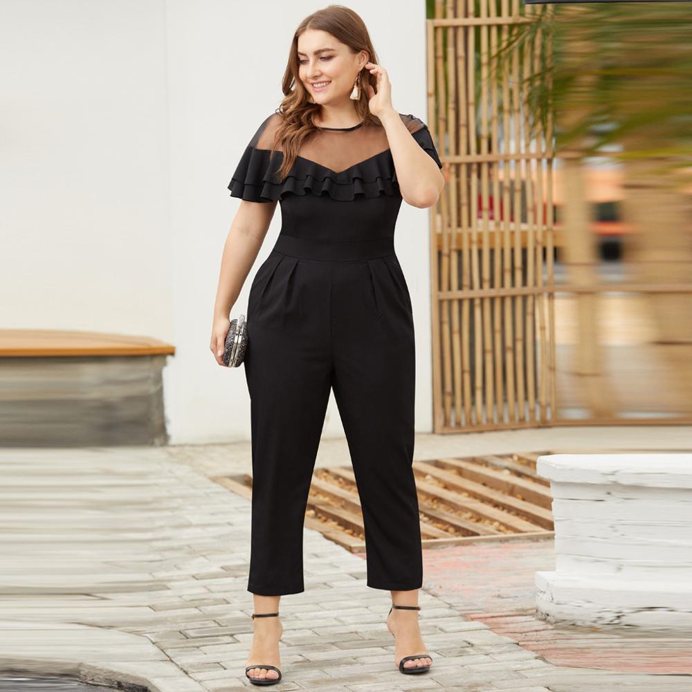 Women's Plus Size 4XL Mesh Stitching Ruffled Short-Sleeved Small Feet Jumpsuit ladies office black long pants elegant pocket T200608