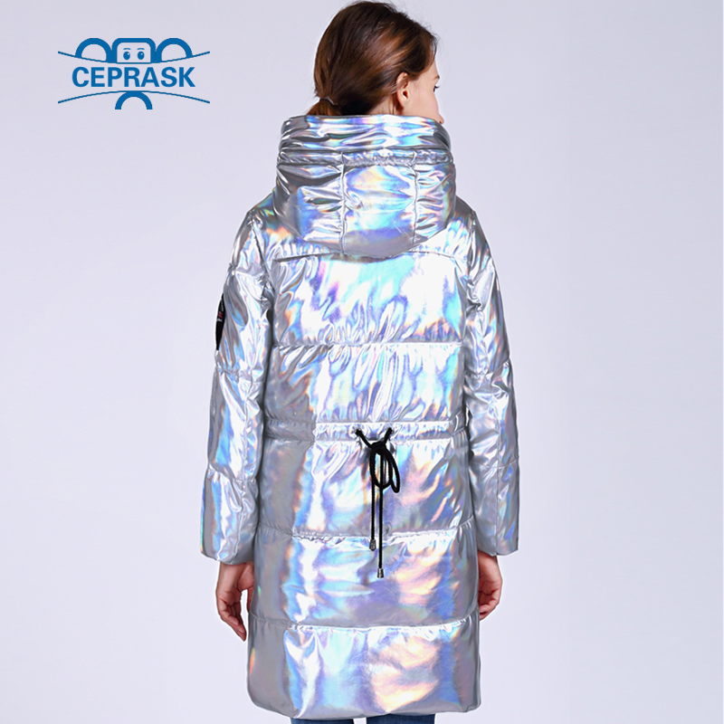 CEPRASK Winter Jacket Women Silver Holographic Glitter Plus Size Long Women's Winter Coat Hooded Thick Down Jacket Parka 201214