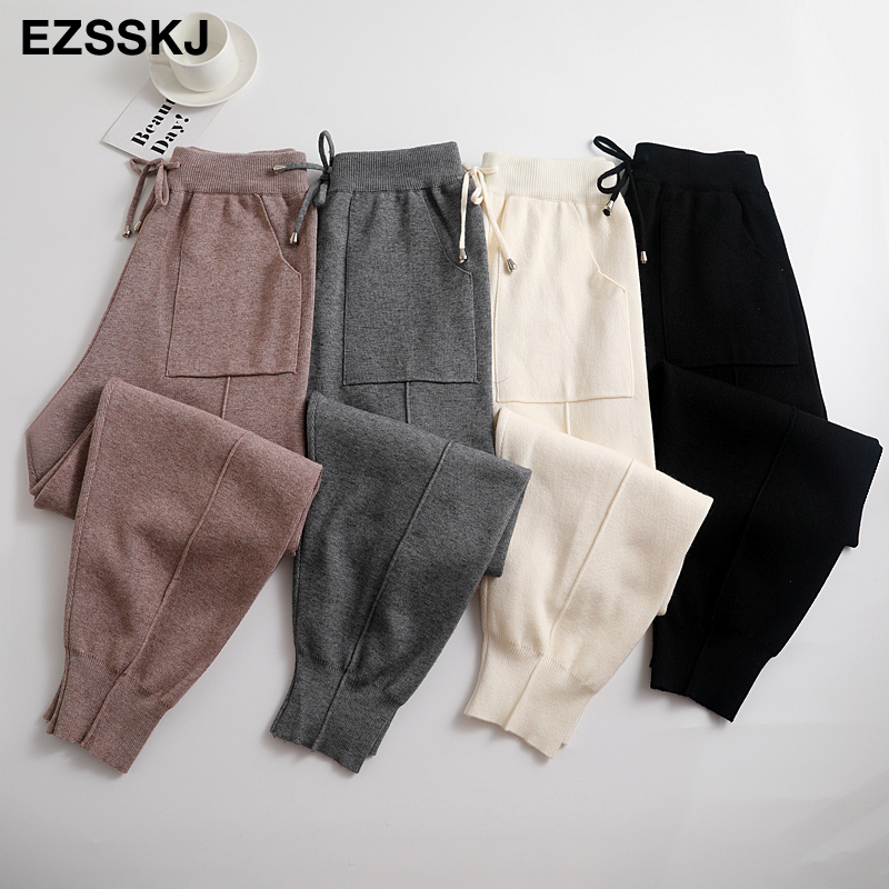 Harem winter Drawstring chic autumn Women Loose female Knitted knit Trousers With Pockets Radish Pants T200324