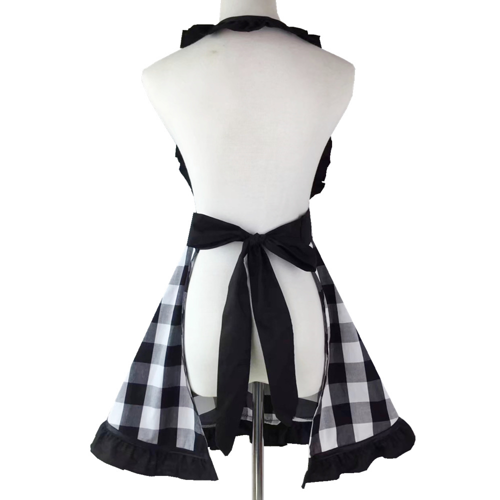 XiuMood Woman's Apron For Home Kitchen Cooking Dining Accessory Black And White Buffalo Plaid Retro Full Aprons Bib F1214