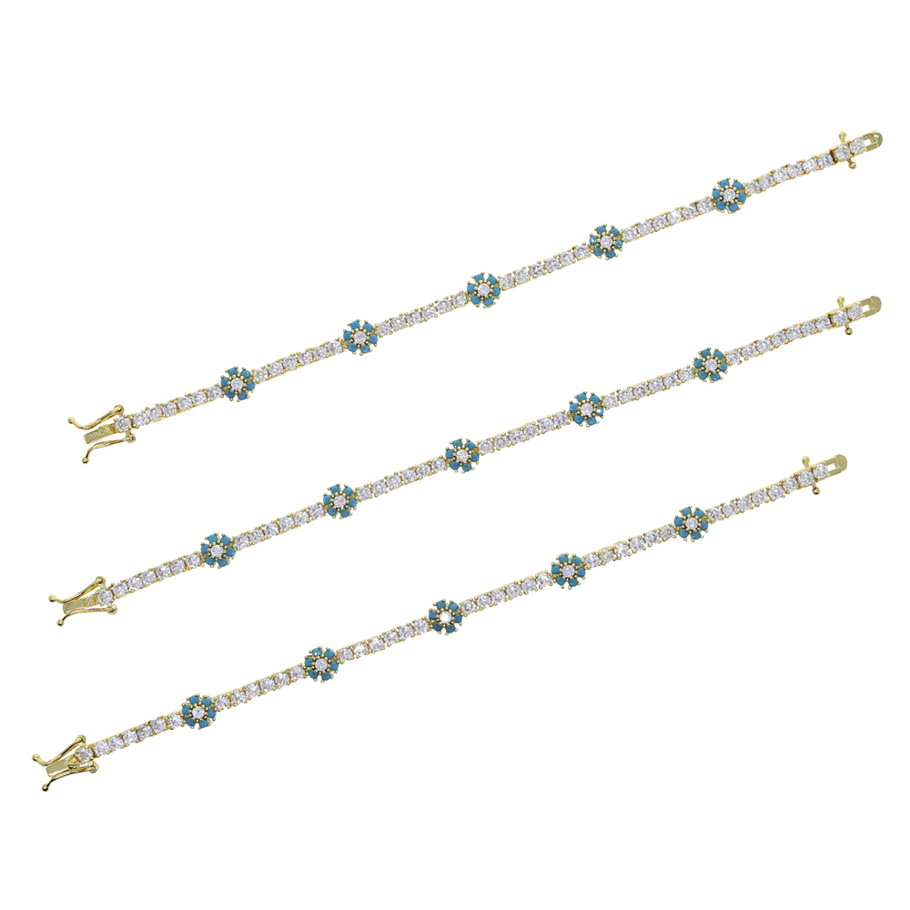2021 New Arrived Blue Cz Colorful Flower Tennis Link Chain Bracelet for Women Girls Iced Out Bling Cz Paved Daisy Flower Bracelets