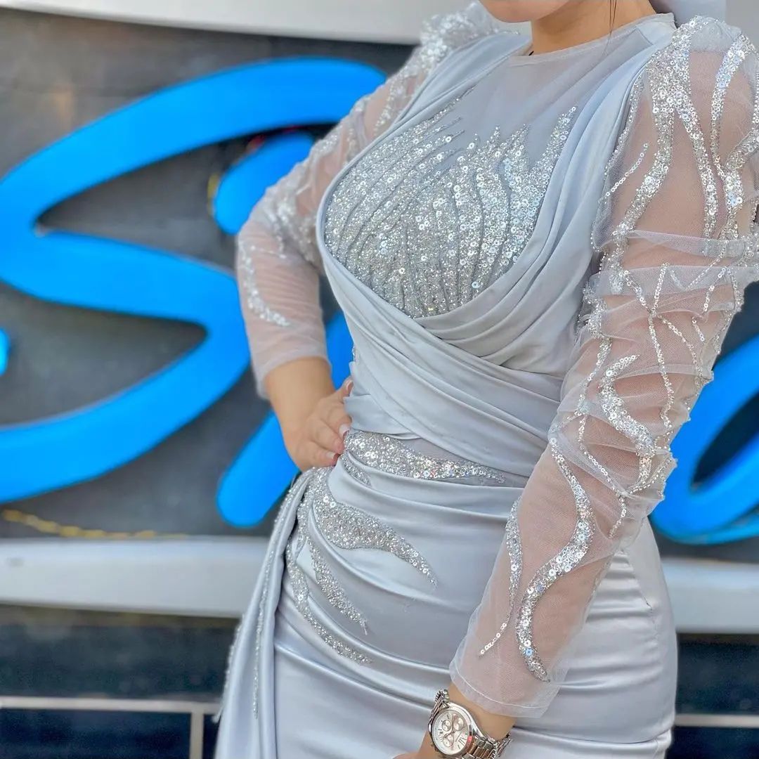 Sexy African Lace Mermaid Prom Dresses For Black Women Jewel Neck Long Sleeve Illusion Sequins Evening Party Gown Robe De Soiree