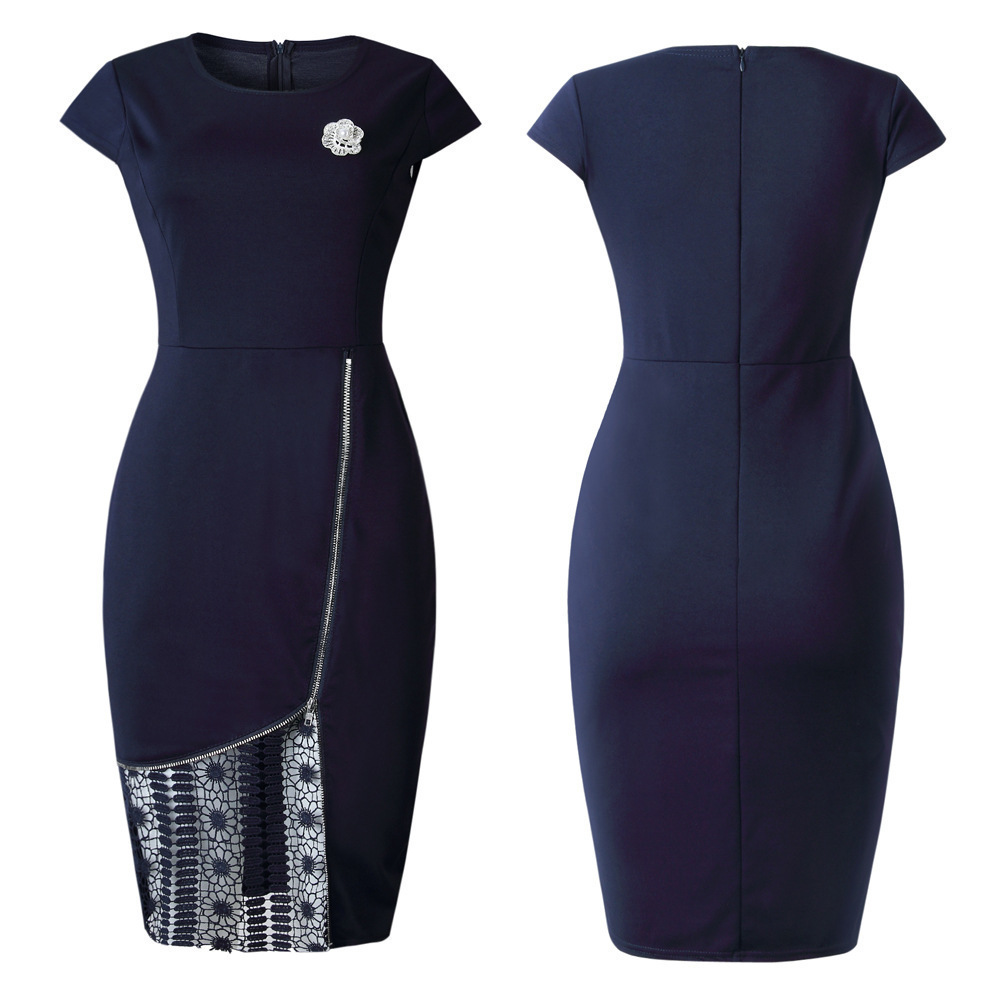 HGTE Women Elegant Dress Summer Short Sleeve O Neck Knee Length Shift Dresses OL Style Work Dress Boutonniere lace dress T200319