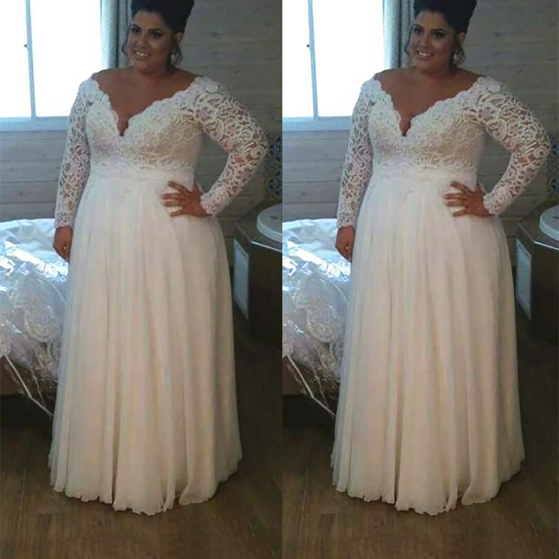Size Plus Dresses Long Sleeves Lace V Neck Chiffon Floor Length Custom Made Country Wedding Gown Vestidos De Novia estidos