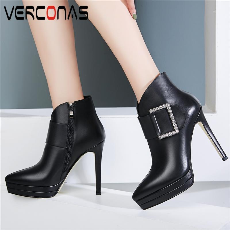 VERCONAS Fashion Women Ankle Boots Autumn Winter New Shoes Woman Rhinestone Buckle Zip Thin Heels Genuine Leather Platform Boots1, Black cow leather