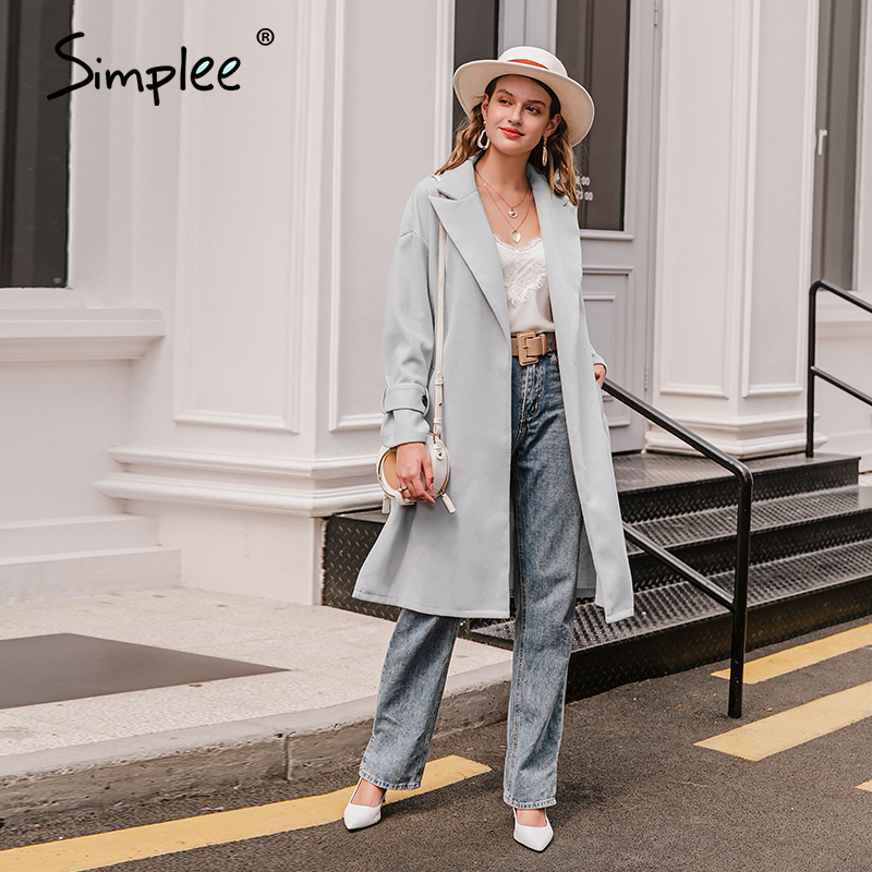 Simplee Elegant light grey autumn winter female long coat Office ladies wool blend overcoat Causal pocket fashion coat jacket 201216