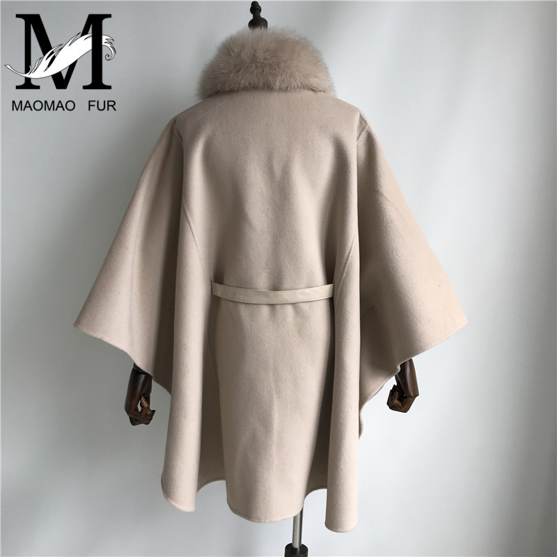 Women Cashmere Coat with Sashes Big Fox Fur Collar Fashion Women's Woolen Jacket Loose Solid Detachable Real Fur Collar Coat 201223