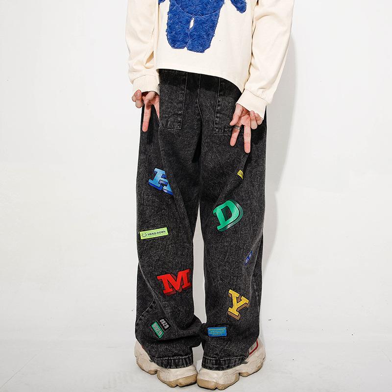 Letter jeans men's ins European and American tide brand loose straight pants bf Harajuku style casual pants, Black
Letter jeans men's ins European and American tide brand loose straight pants bf Harajuku style casual pants, Black