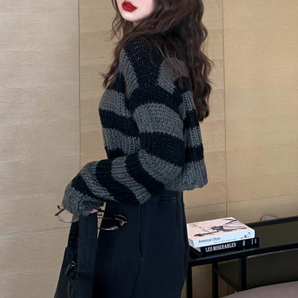 Rosetic Pullovers Striped Short Women Sweater Casual Knitwear Streetwear Jumper Gray Black Gothic Knitted Sweaters Goth 201224