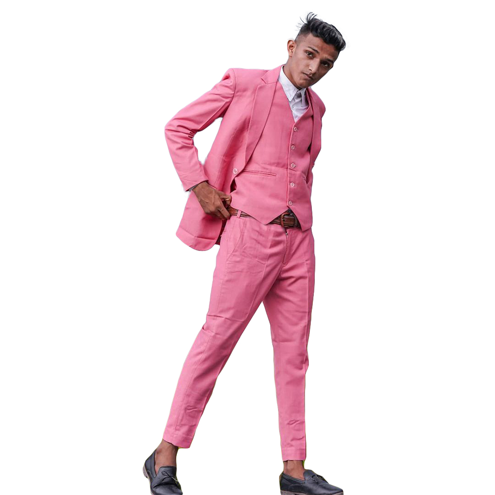 Hot Pink Mens Pants Suits Classic Fit Groom Tuxedos Peaked Lapel Prom Party Blazer Overcoat (Jacket+Vest+Pants)