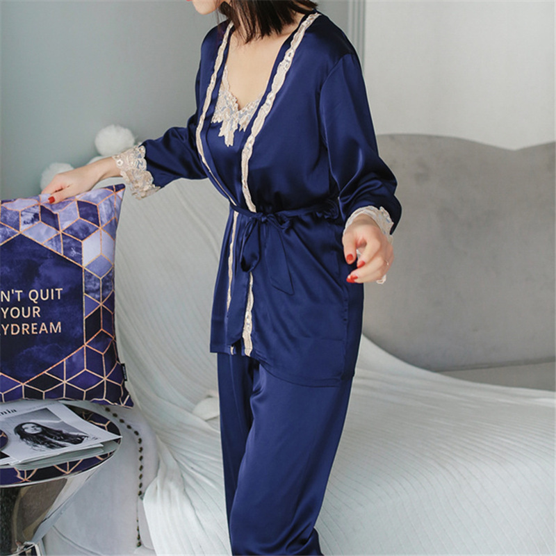 Satin Three 3 Pieces Sleepwear Female Sexy Lace Silk Pajamas Set Hollow Out Coat Strap Vest Long Pants Robe Gown Sets T207 201113