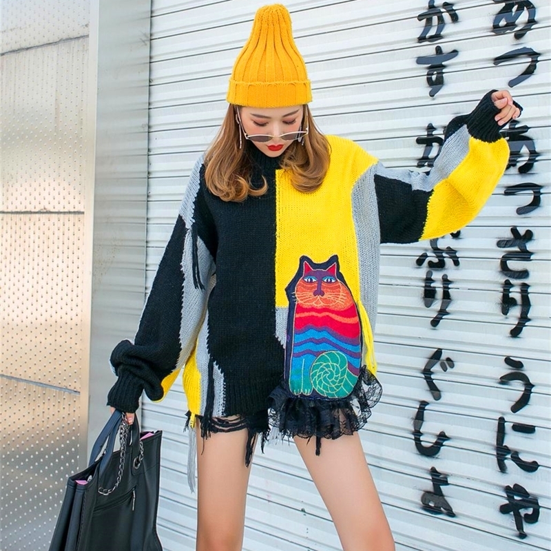 Vefadisa Women Pullovers Sweater 2020 Autumn Winter Women Cat Appliques Sweater Female Patchwork Color Tassel Sweater LJ201114