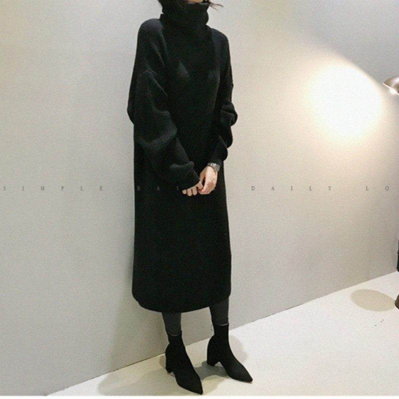 Women Autumn Winter Thicken Turtleneck long Sweater Dress ladies oversized long sleeve split knitted pullover dresses casual 201110