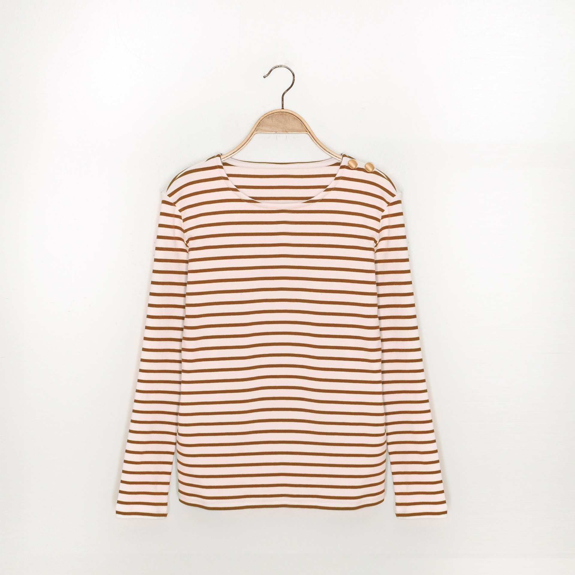 Women Long Sleeve Stripes T shirt New Early Autumn O-neck Lady Casual Tee Female Bottoming t-shirts Top Shoulder Buttons 201028