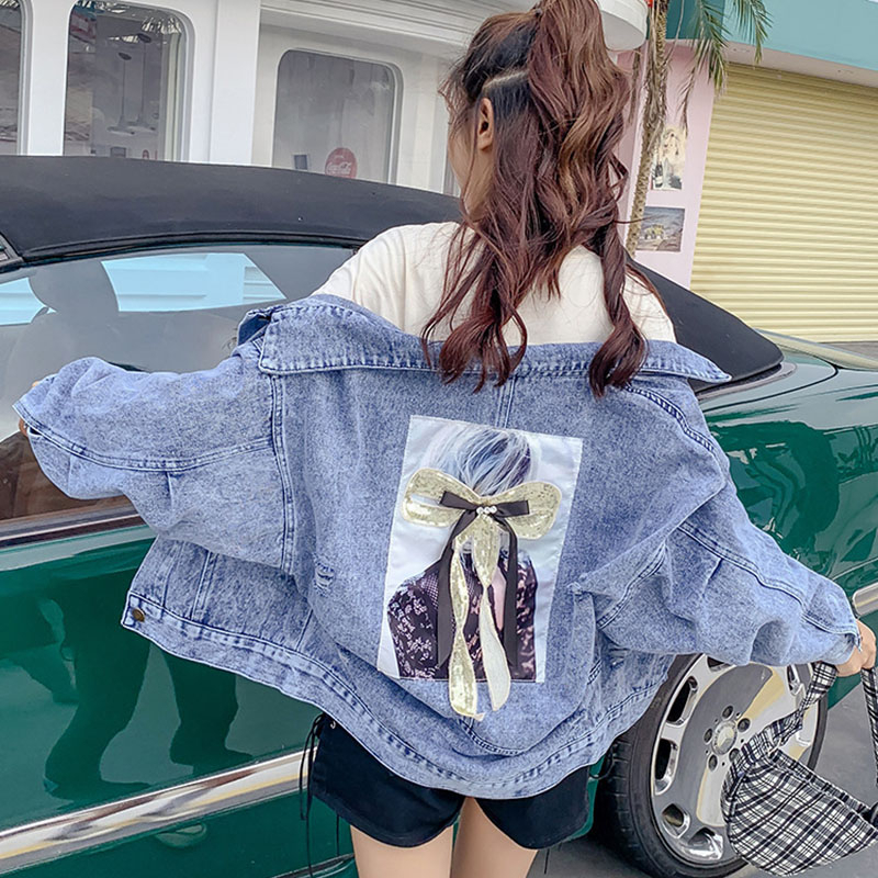 Streetwear Style Women's Denim Jacket Print Long Sleeve Jean Jacket Loose Bomber Coat Ladys Spring Autumn Hole Female Outwear 201017