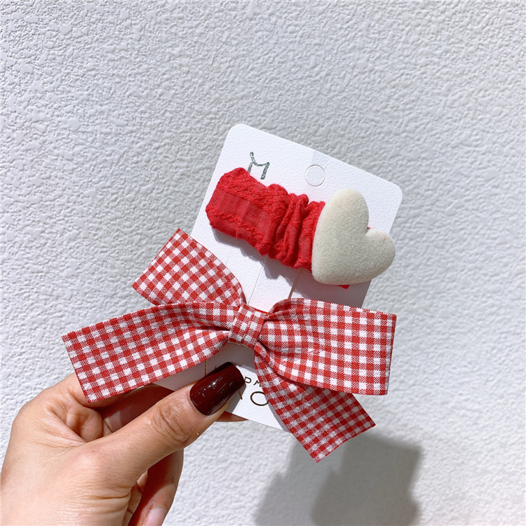 New Korean Children's Dot Plaid Love BB Clip Sweet Girl Fashion Festive Red Velvet Fabric Bow Duckbill Clip Hair Accessories