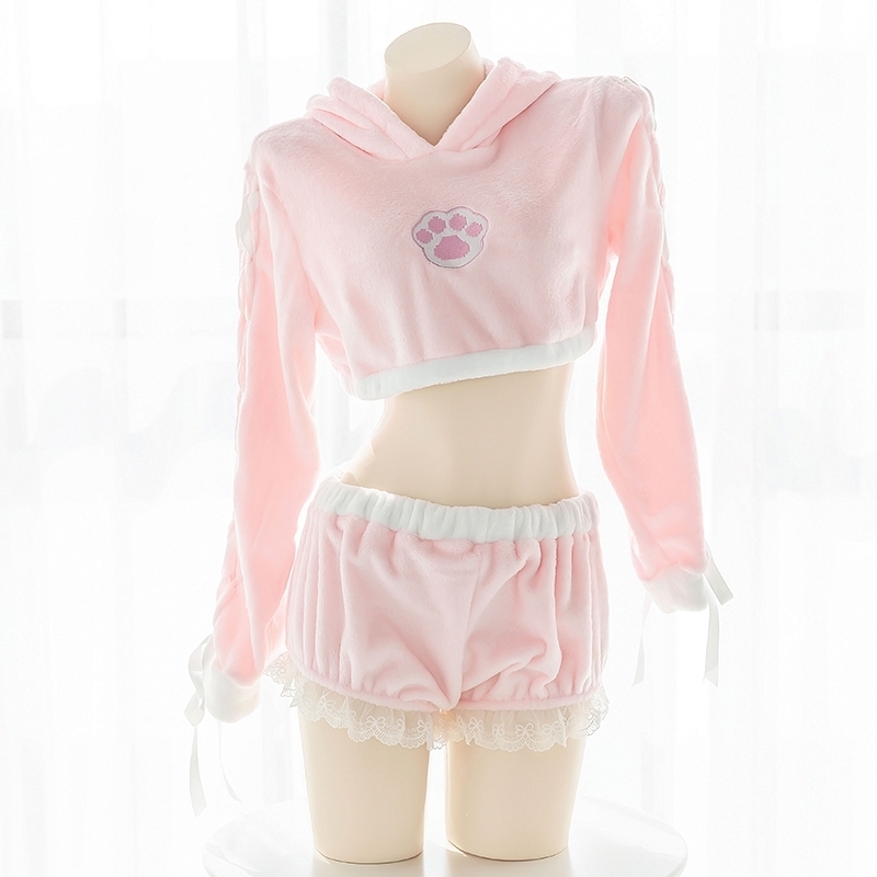 Japanese Lolita Sweet Girl Pajamas Set Kawaii Cat Paw Sexy Bunny Plush Homewear Pink Cropped Hoodies Rabbit Sleepwear 201114