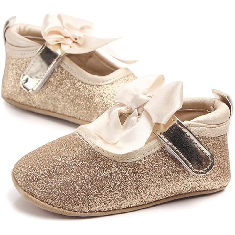 Shining Baby Anti-Slip Girl Bowknot Princess Shoes, Gold
