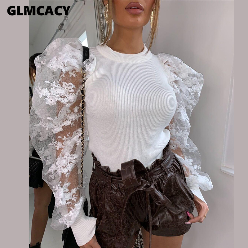 Women Sexy Lace Embroidery Mesh Blouse Puffed Sleeve Blouse Shirts Long Sleeve O Collar Shirt Blouse T200321