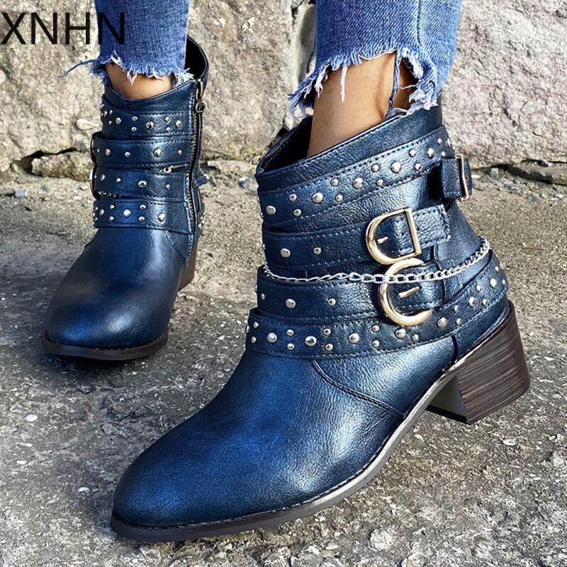 

Fashion Women's Boots Ladies Short Bootie Pointed Toe Zipper Cowboy Motorcycle Leather Rivet Shoes Ankle Boots Botas Mujer#g3, Dark blue