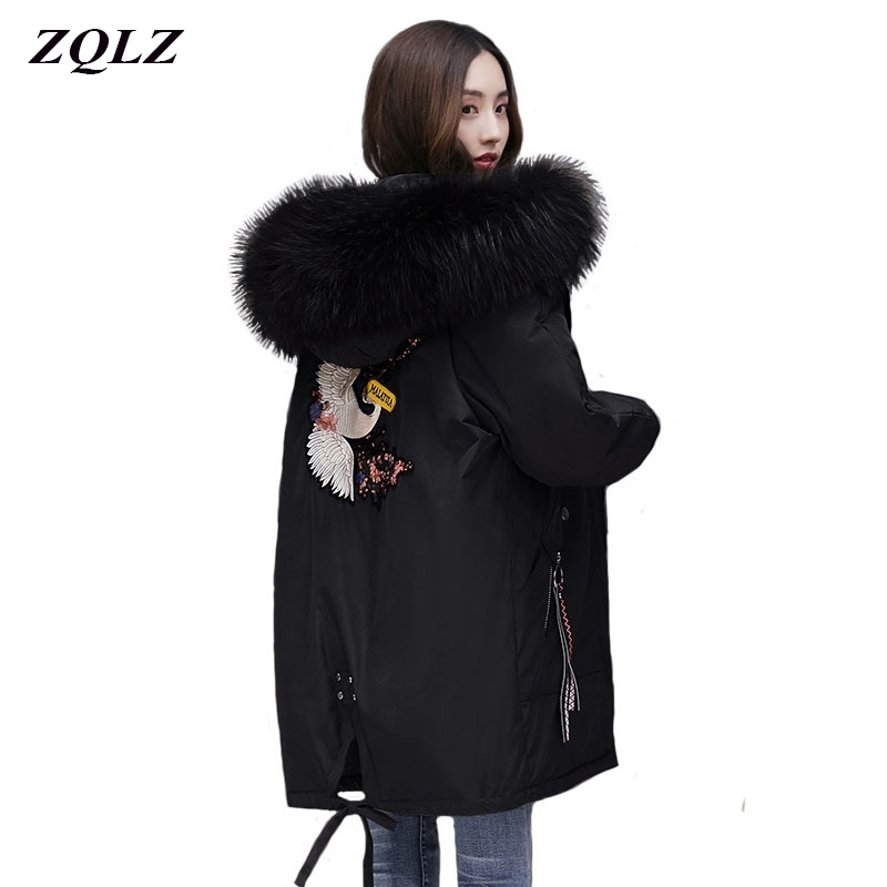 ZQLZ Winter Coat Women New Embroidery Casual Hooded Fur Collar Loose Long Parka Mujer Thick Warm Overcoat Fashion Jacket 200928